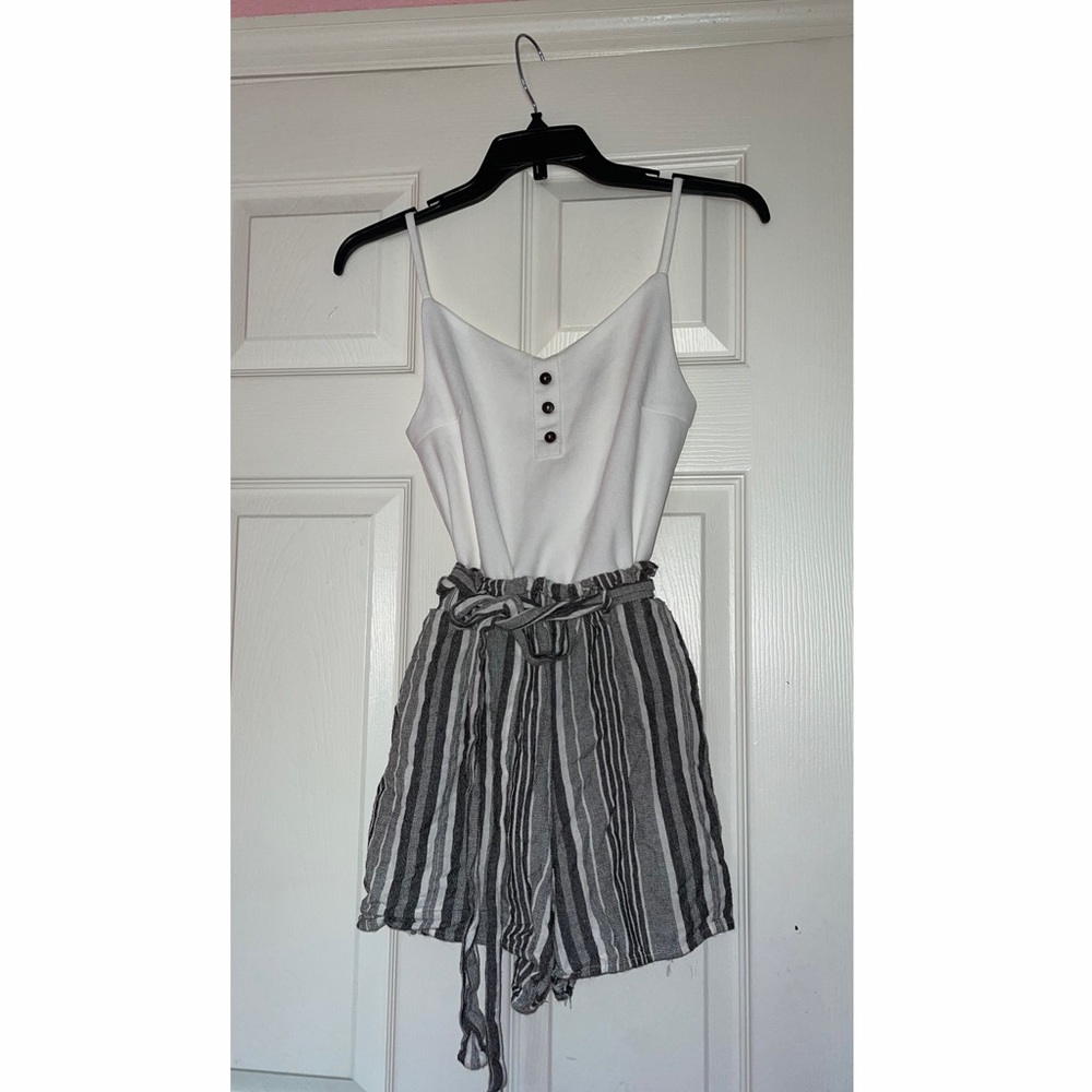 Gray and White Striped Cami Romper